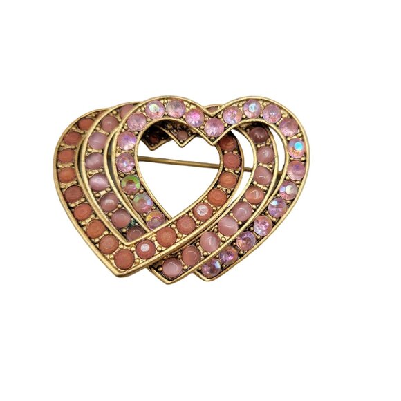 Liz Claiborne Triple Rhinestone Heart Brooch Pink Aurora Borealis Gold Tone - Picture 1 of 4